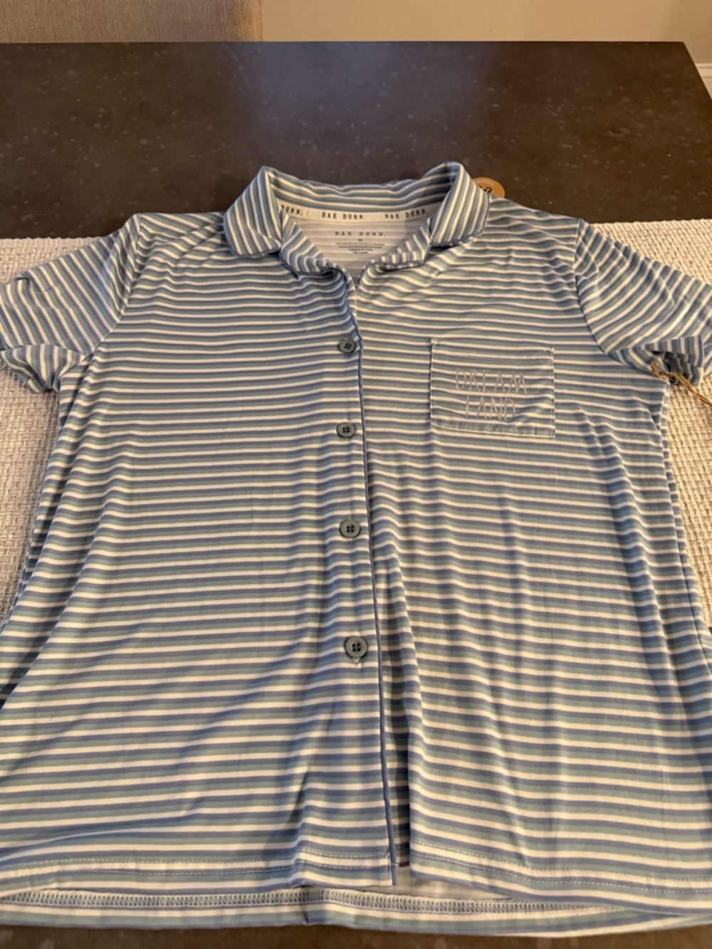 Rae Dunn Blue & White Striped Polo top for pajamas missing the bottoms